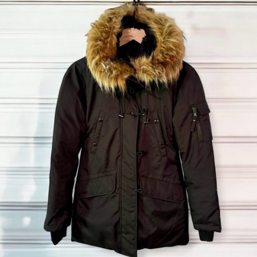 S13 Women's Black Quilted Down Coat with Faux Fur Trim Hood Size S